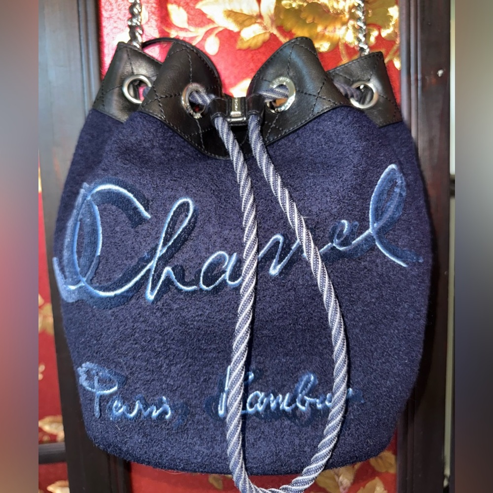 Authentic CHANEL CAMBON Blue Embroidery Matelasse Wool/Leather Bucket-bag-EUC💎 - Picture 2 of 15